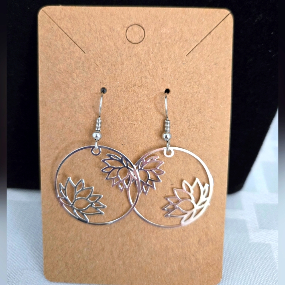 Silver Tone Lotus Flower Earrings, NWT